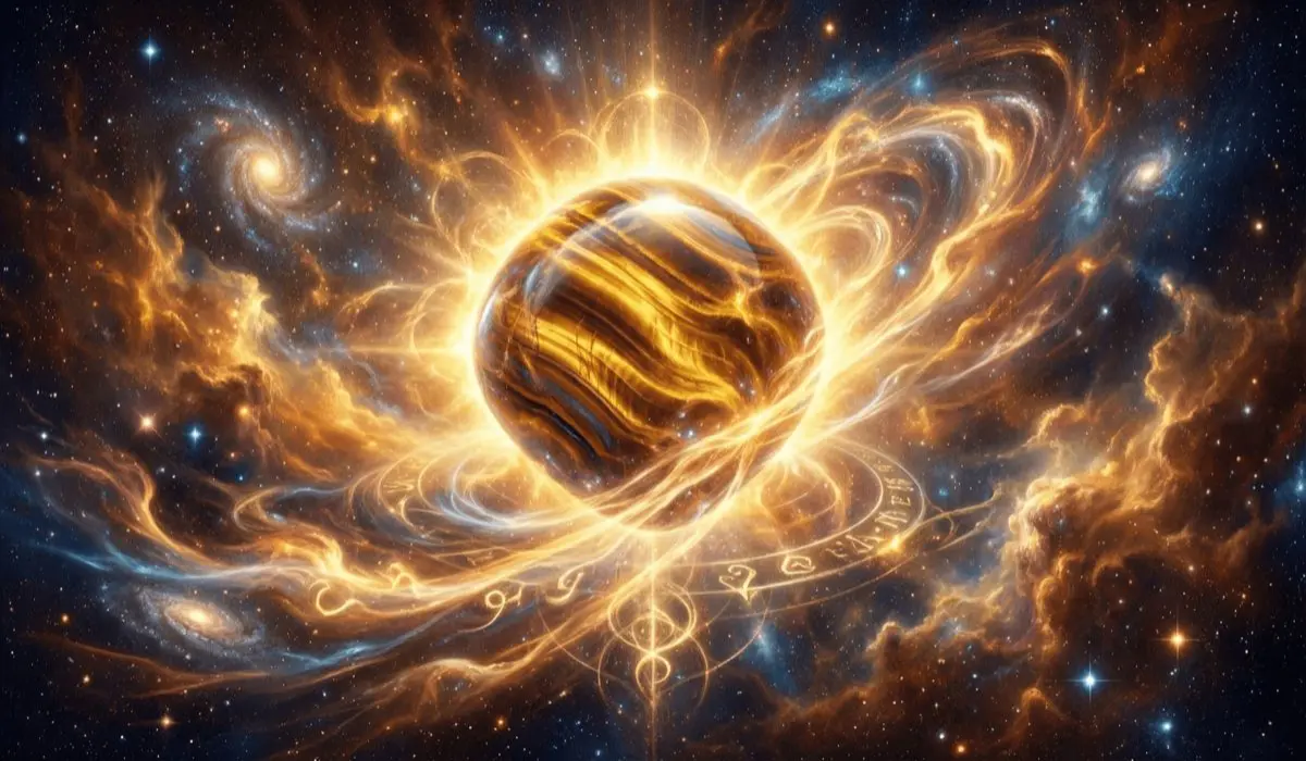 Glowing Tiger's Eye energy sphere radiating golden and blue cosmic energy streams, surrounded by sacred geometry symbols and swirling galaxies, representing courage, strength, and spiritual alignment.