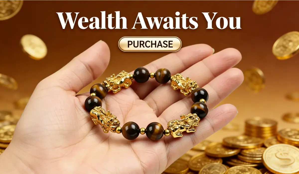 Tiger's Eye beaded bracelet with four gold Pixiu charms, held in a hand against a background of floating gold coins, with text "Wealth Awaits You" and a "PURCHASE" button, symbolizing wealth attraction, prosperity, and good fortune.