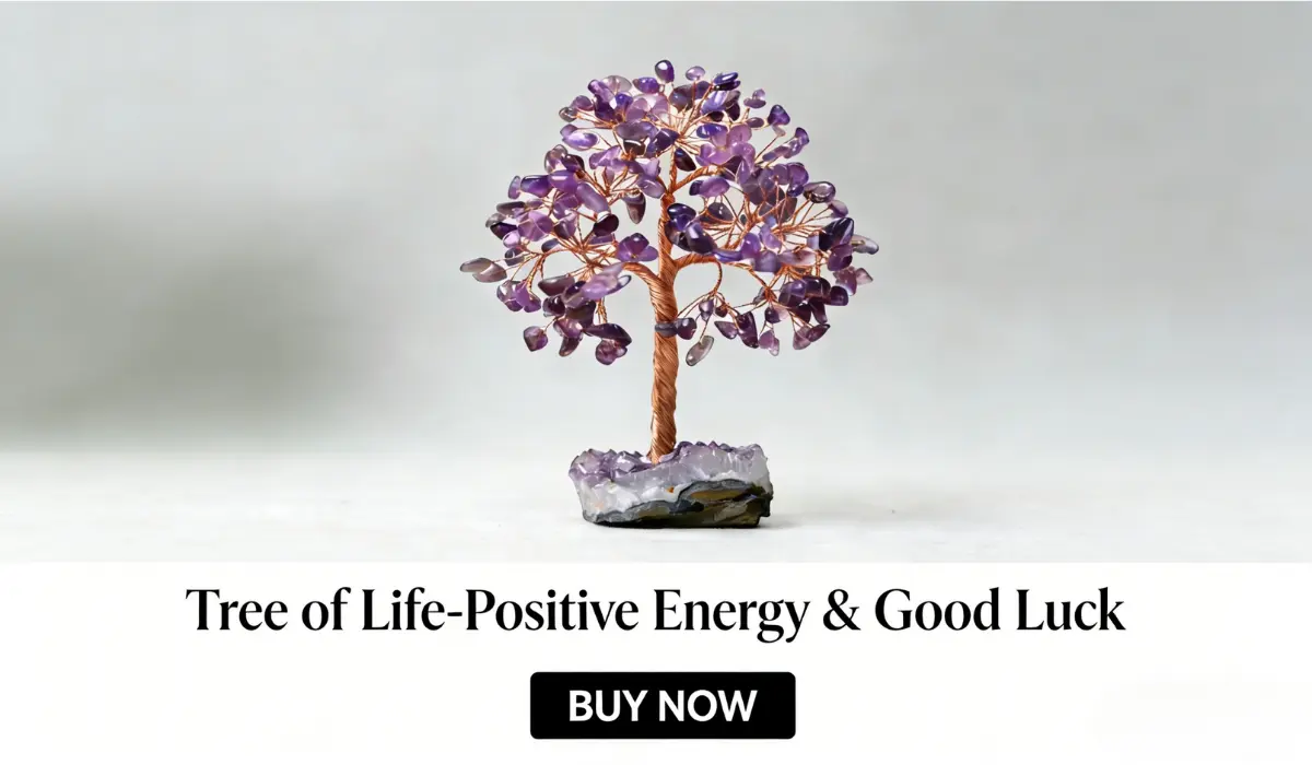 Tree of Life-Positive Energy & Good Luck, a handcrafted amethyst crystal tree with copper wire branches and an amethyst geode base, displayed on a white background with a "BUY NOW" button for spiritual home decor.