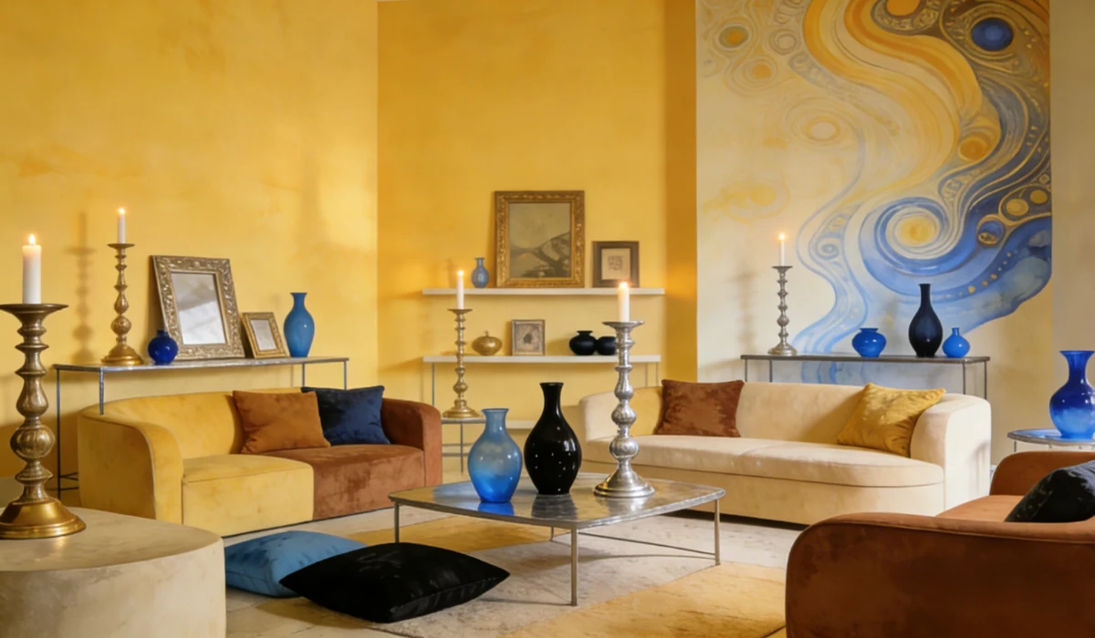 Warm yellow living room with velvet sofas in yellow, brown and cream, paired with blue and black ceramic vases, brass candlesticks, and a swirling blue-and-gold wall mural.