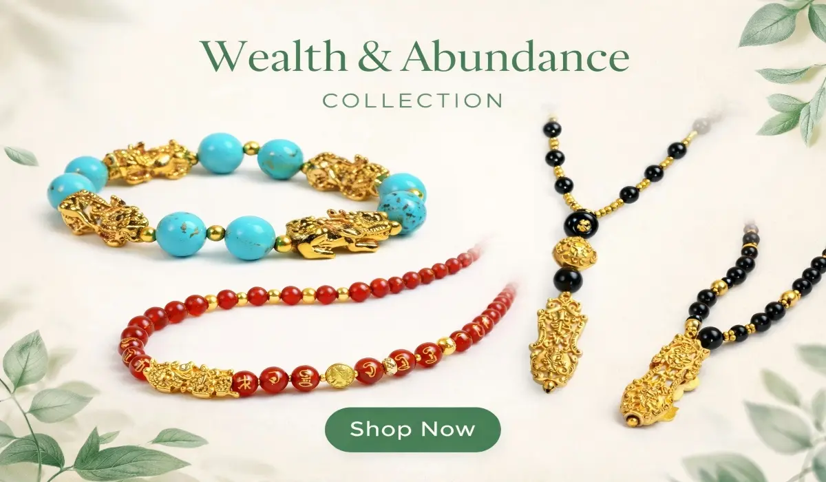 Wealth & Abundance jewelry collection featuring jade, red agate, and gold-accented designs inspired by Feng Shui principles, created to attract prosperity, financial growth, and positive energy for the Lunar New Year and beyond.