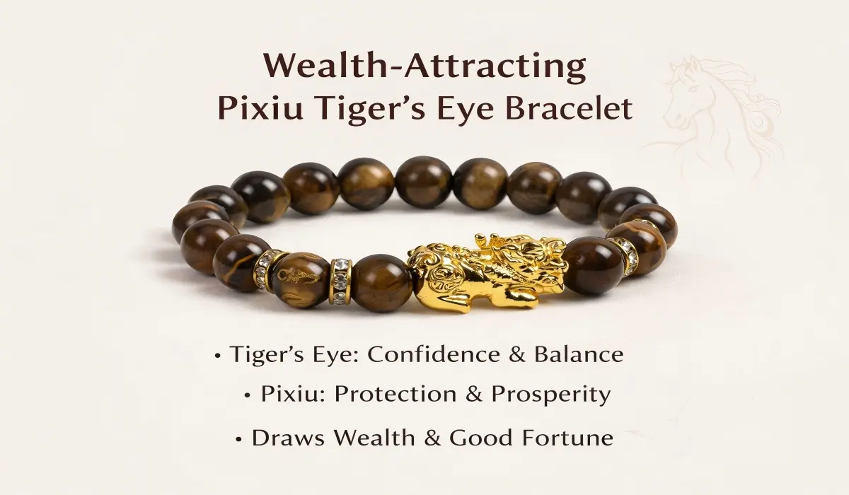 Wealth-Attracting Pixiu Tiger’s Eye Bracelet, symbolizing confidence, protection, balance, and prosperity in Feng Shui practices.