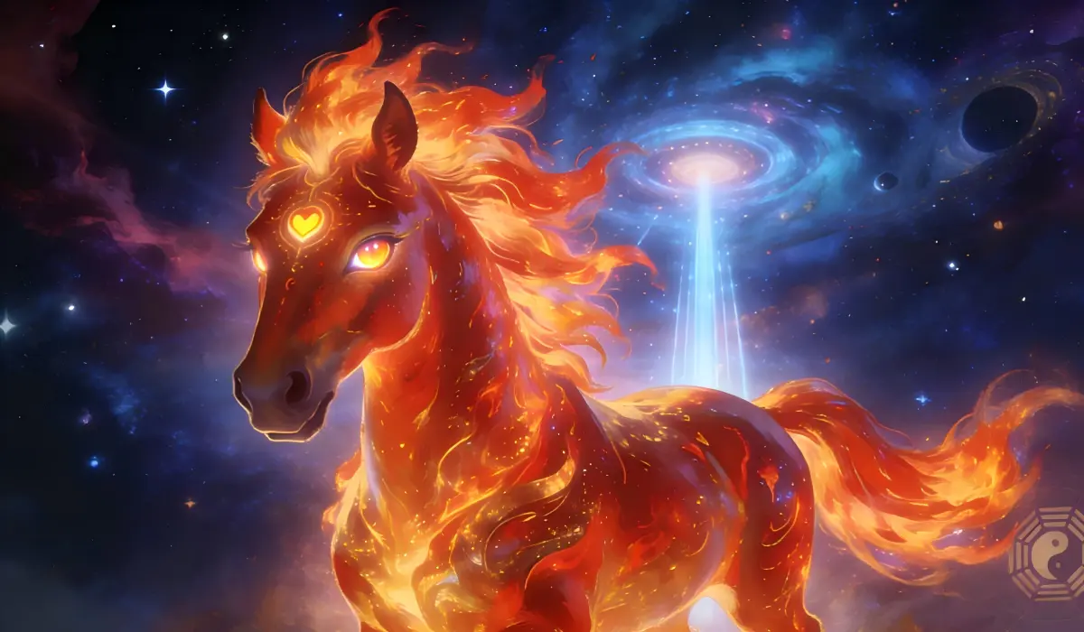 A glowing Fire Horse standing in a cosmic landscape, symbolizing Yang Fire energy, the Li Fire Period 9 cycle, and the transformative spirit of the Year of the Fire Horse 2026.