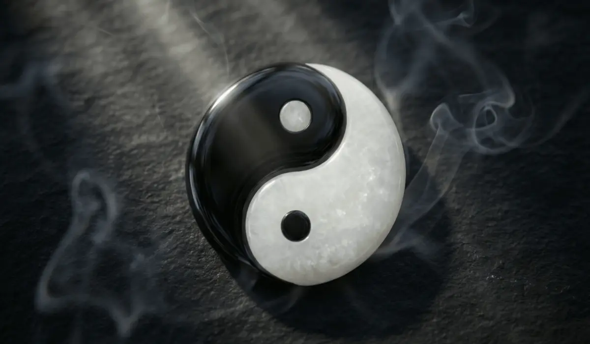 Polished black-and-white yin-yang symbol resting on a dark textured surface, surrounded by wispy smoke trails.