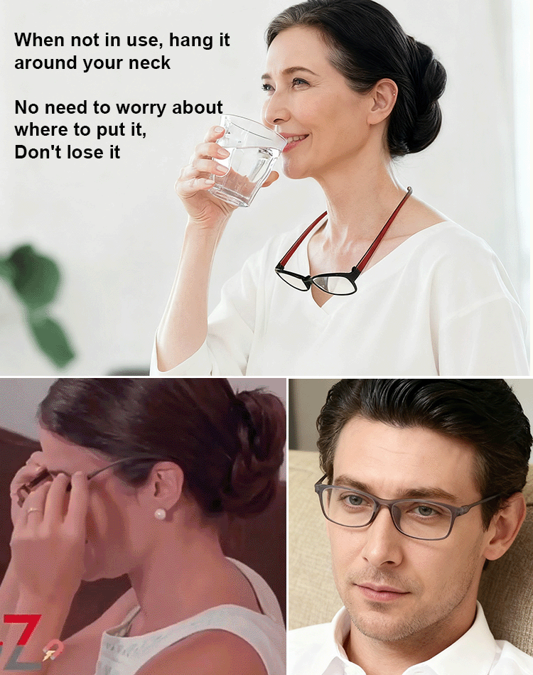 Smart zoom stylish square frame neck-hanging anti-blue light reading glasses