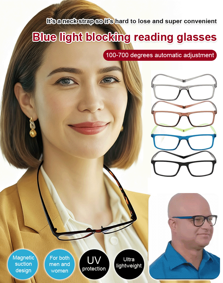 Smart zoom stylish square frame neck-hanging anti-blue light reading glasses