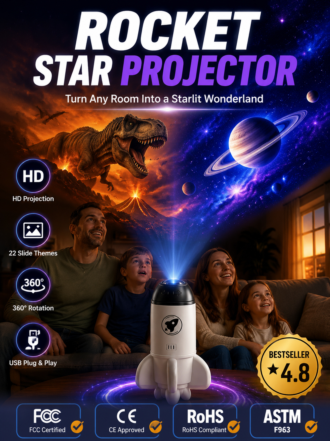 5D Holographic Dinosaur & Galaxy Projector: Powered by Las Vegas Sphere Tech, Turns Your Room & Car Into a Jurassic World in 1s!