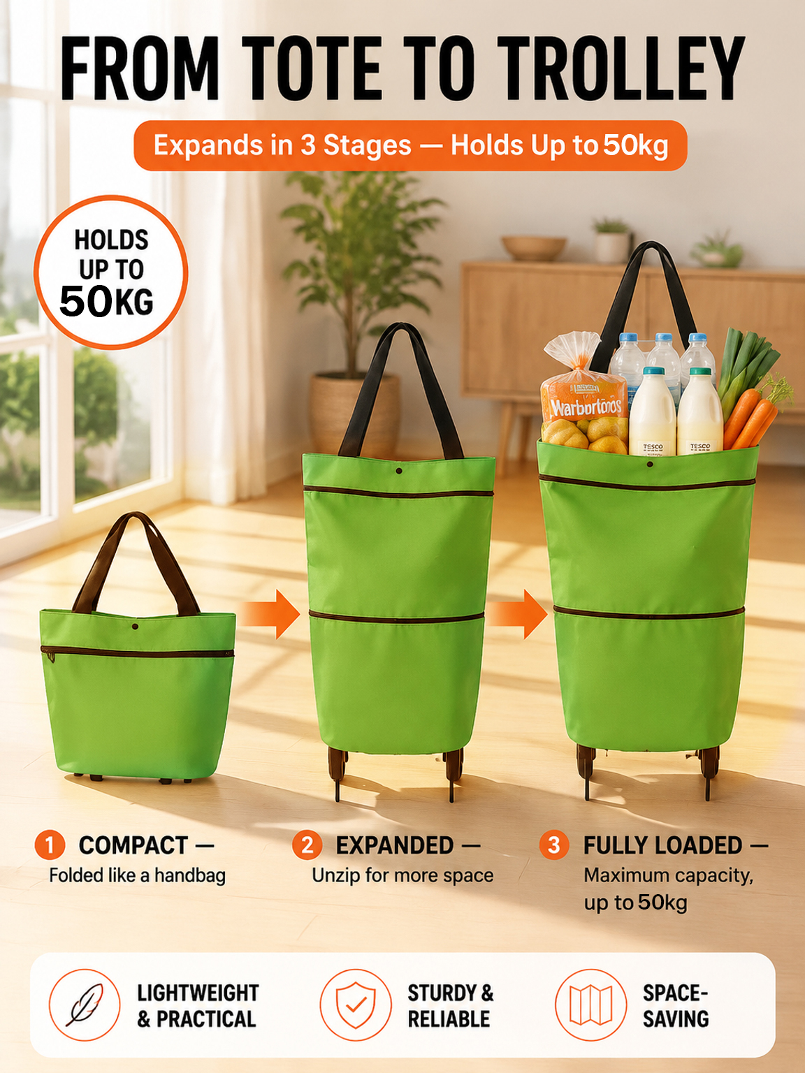 Foldable Rolling Shopping Bag | Max Capacity & Effortless Gliding—Save Your Back!
