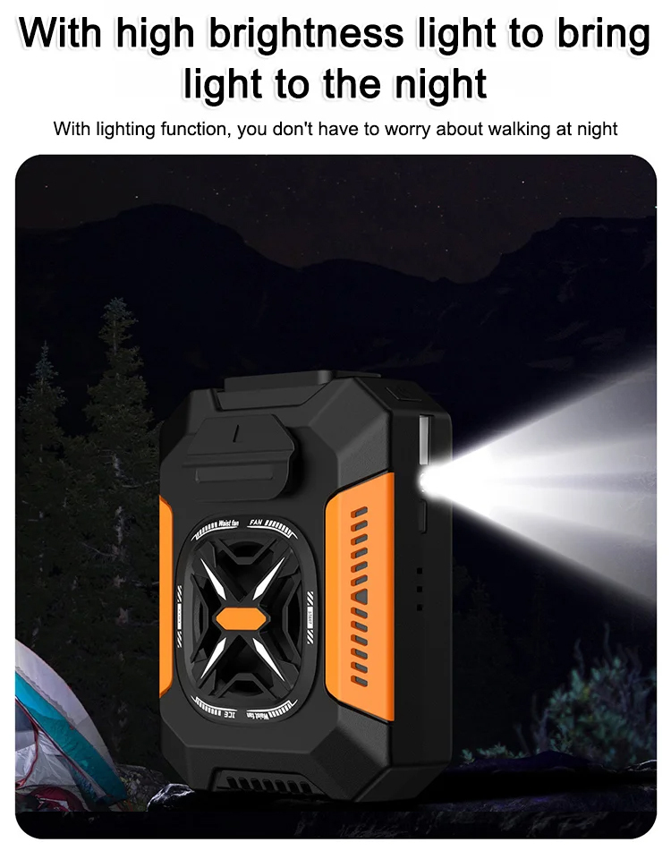 【Cooling / Mobile Power / 2000 Lumen Flashlight!】Waist hanging fan outdoor portable mobile waist fan