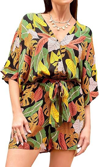 Women's Lace Up Leopard Print Romper Short Sleeves Jumpsuits Wide leg Outfit(Buy 2 Free Shipping)