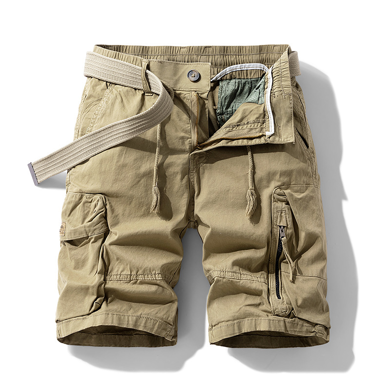 Men's cargo shorts, drawstring and multiple zipper pockets, pure cotton, summer elastic waist, casual and comfortable sports shorts