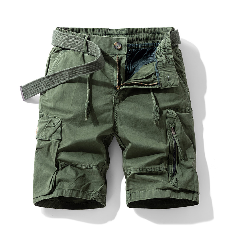 Men's cargo shorts, drawstring and multiple zipper pockets, pure cotton, summer elastic waist, casual and comfortable sports shorts