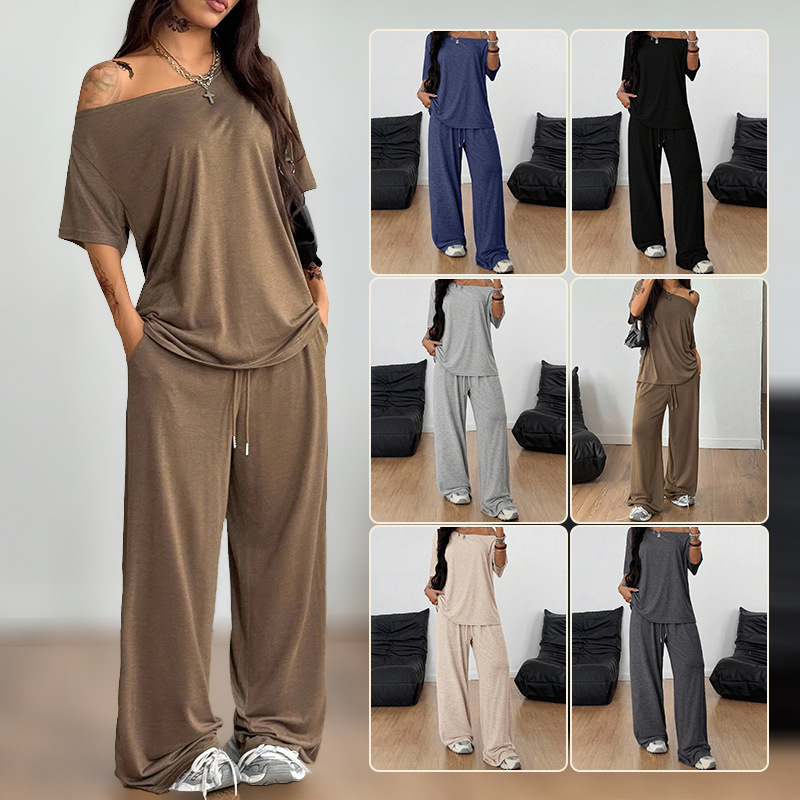 2pcs/Set Women's Minimalist Basic Daily Wear Everyday Going Out Sport Comfortable Off Shoulder T-Shirt And Wide Leg Pants Two Pieces Outfits