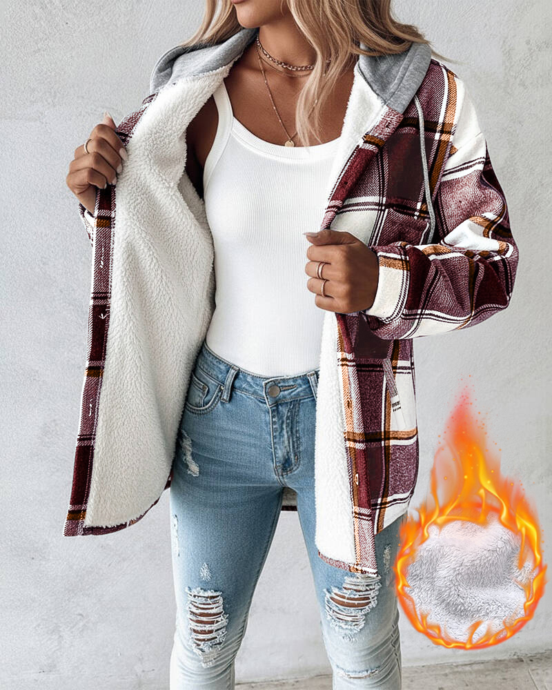Plaid Pattern Long Sleeve Shacket Button Down Fleece Lined Hooded Jackets Warm Coat