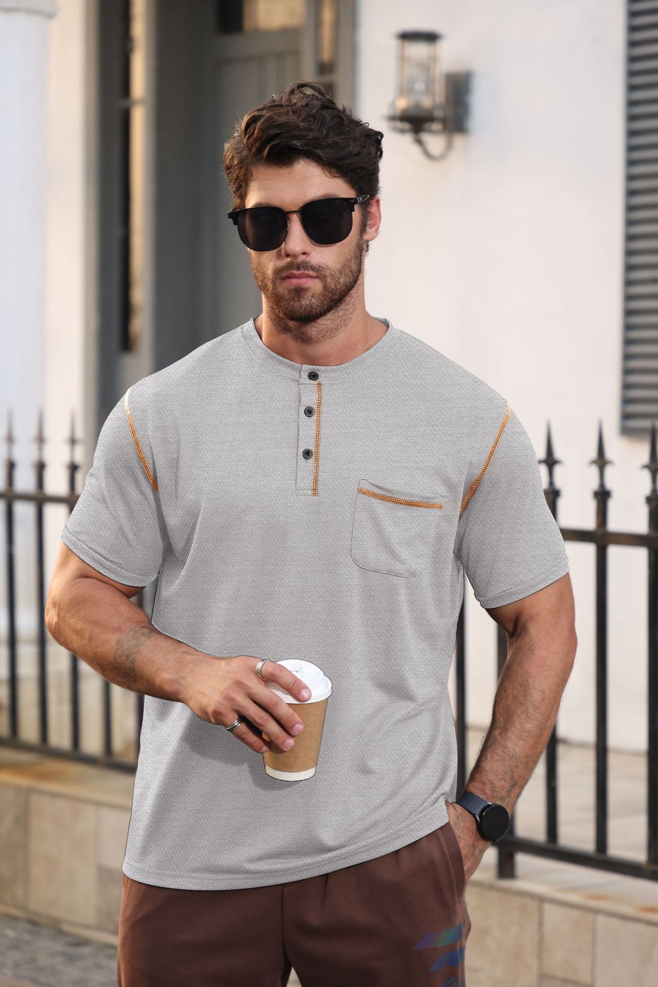 Men's Sports Color Block Henley Collar Polo Shirt