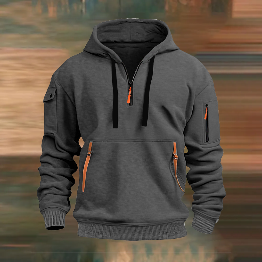 Hooded zip-up sweatshirt with multiple pockets