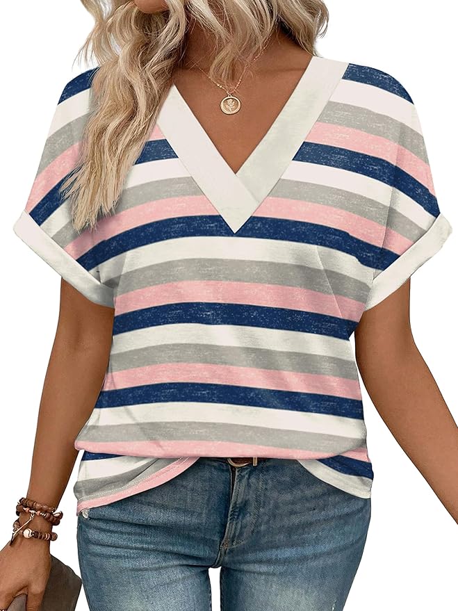 ✨Womens Summer V Neck Short Sleeve Solid Color Basic T Shirt(Buy 3 Free Shipping)