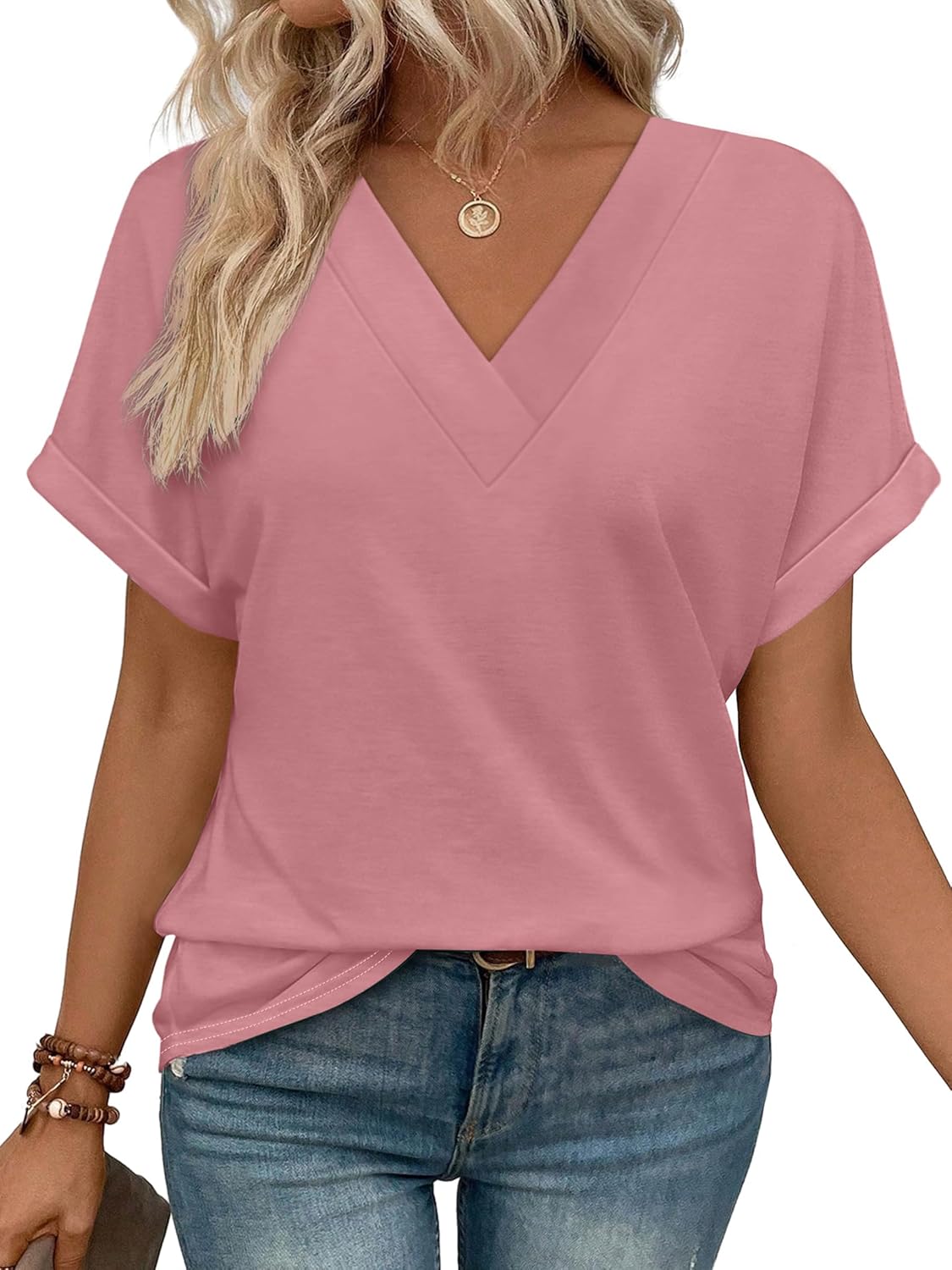 ✨Womens Summer V Neck Short Sleeve Solid Color Basic T Shirt(Buy 3 Free Shipping)