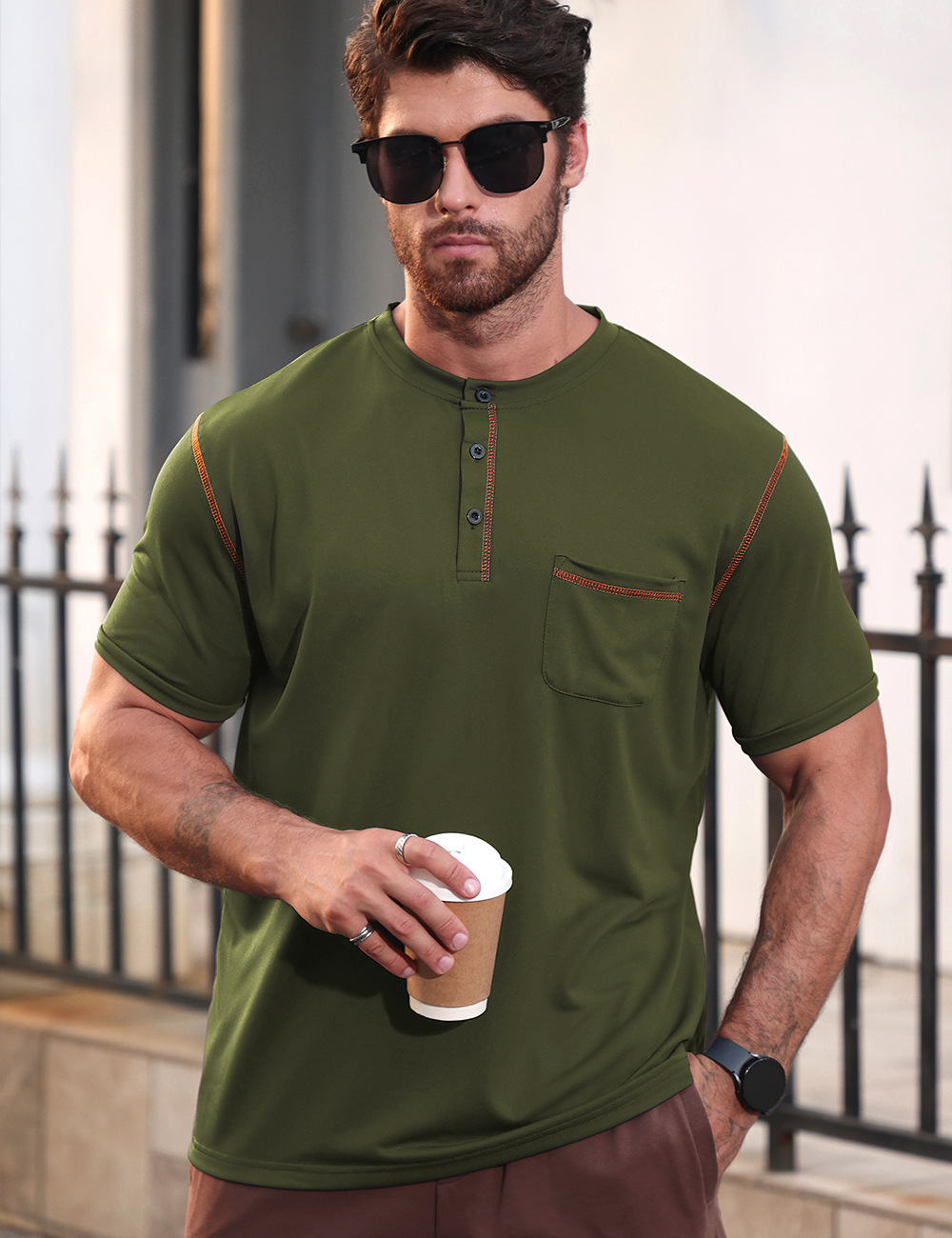 Men's Sports Color Block Henley Collar Polo Shirt