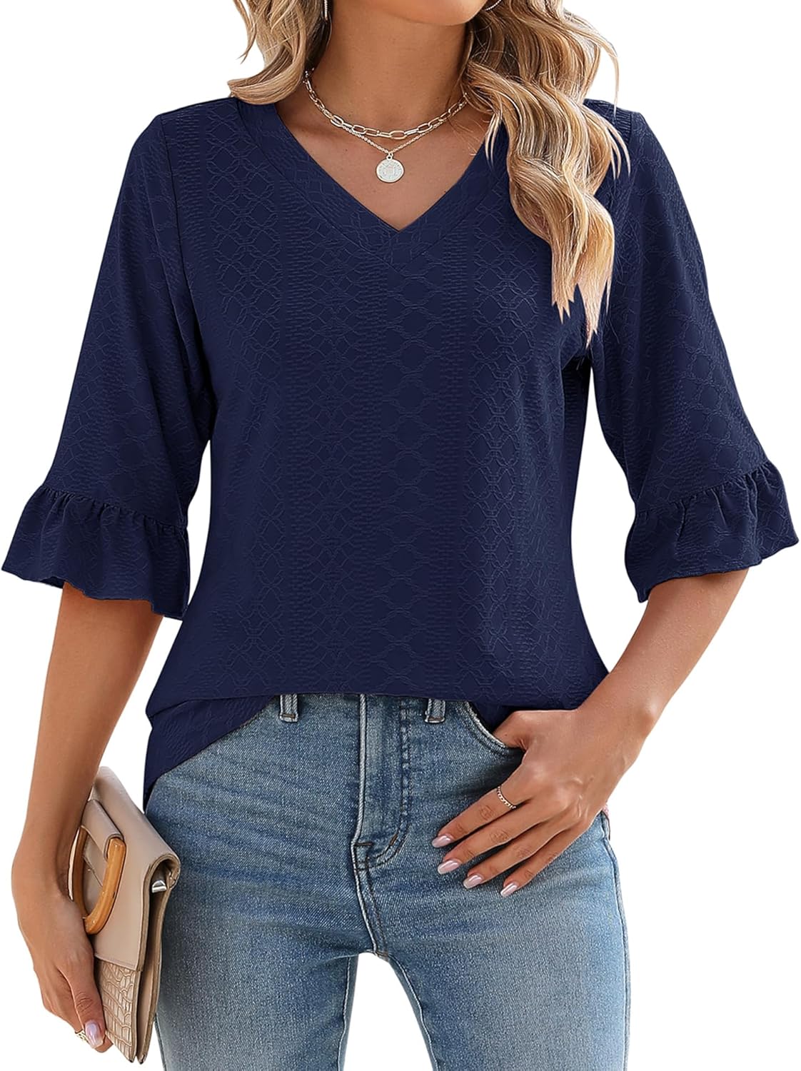 ✨Womens 3/4 Length Sleeve V-Neck Eyelet Casual Ruffle Sleeve Tunic Blouses(Buy 3 Free Shipping)