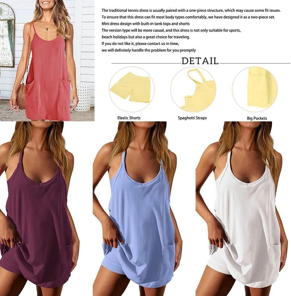 Dress For Women With Shorts Spaghetti Strap Tank Tops With Pockets Summer Casual 2 Piece Outfits/Single Dress Little Year