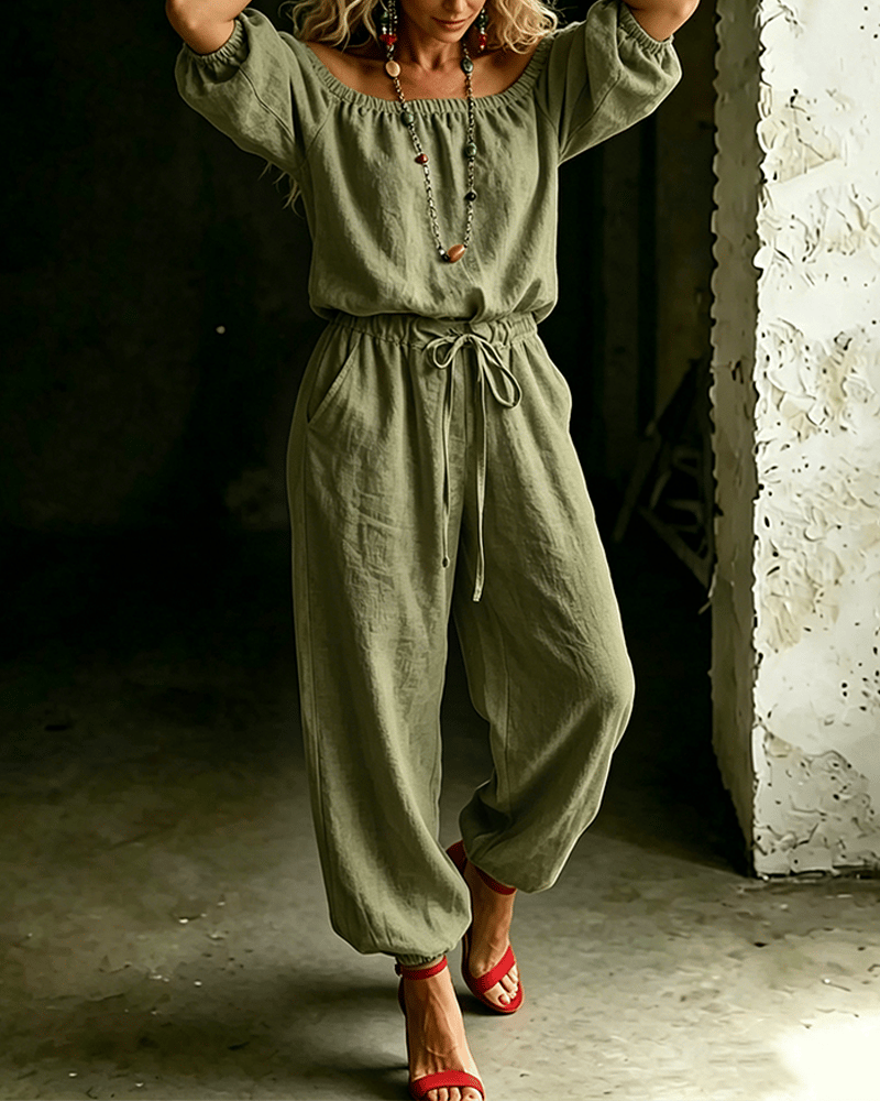 Off-Shoulder Tie Waist Jumpsuit