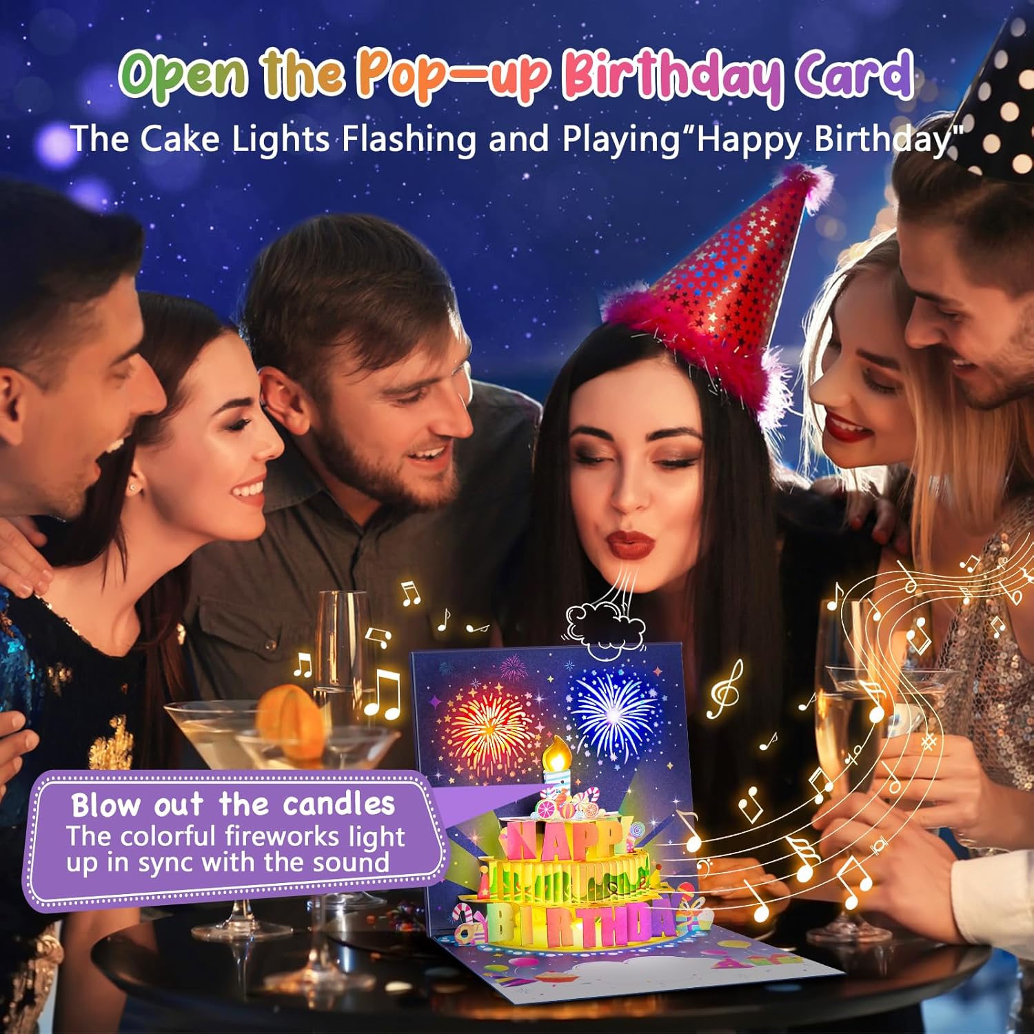Birthday Cards With Fireworks & Pop Up Cake & Blowable Light and Music