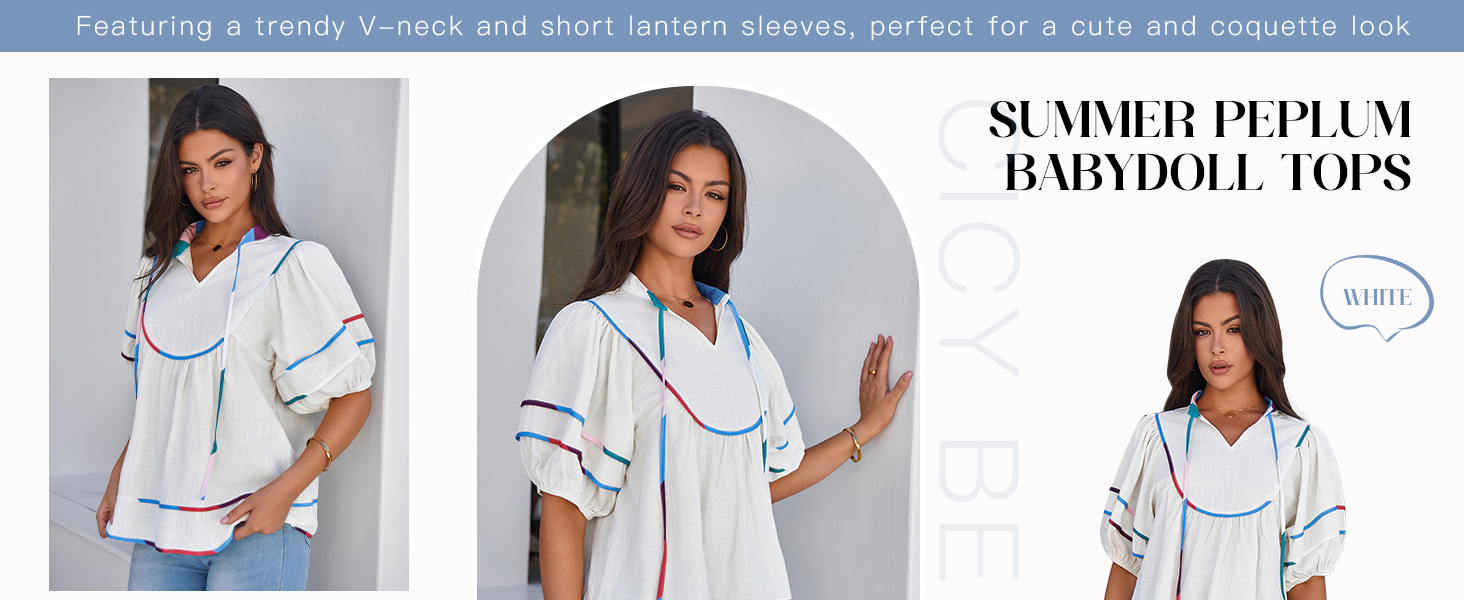 Womens Summer Babydoll Tops V Neck Short Lantern Sleeve Shirts Cute Loose Fit Peplum Flowy Blouses