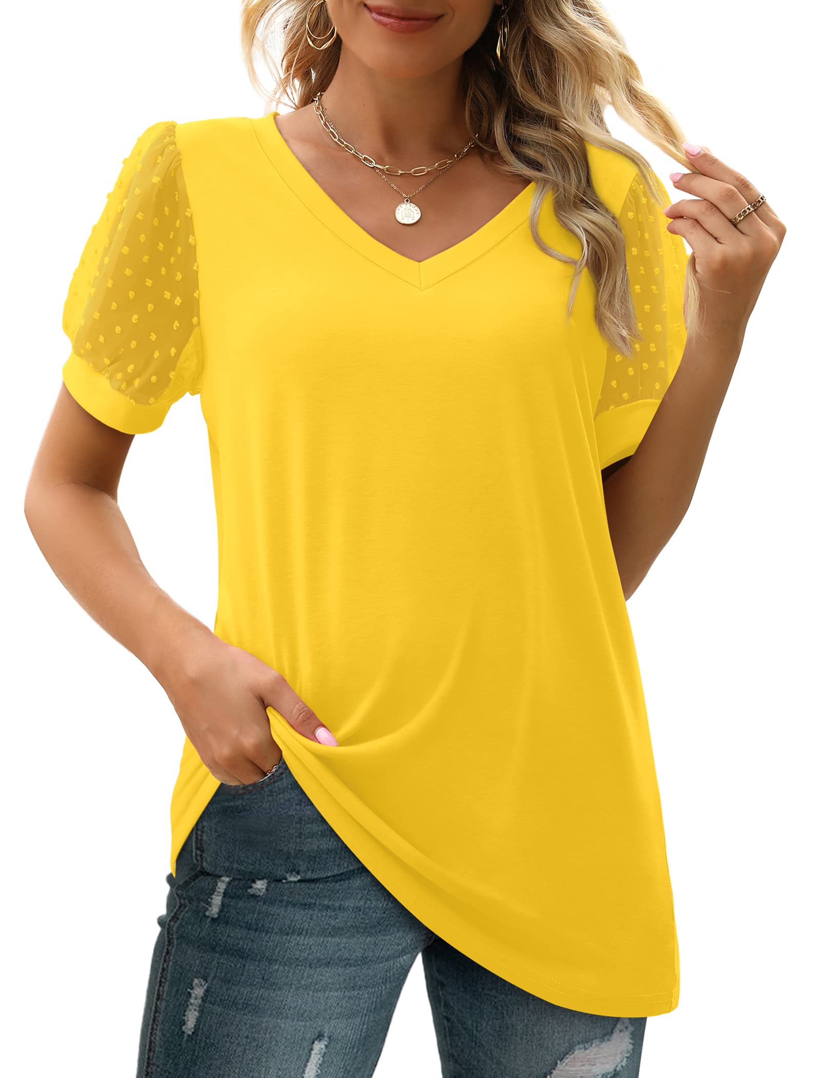 ✨New Women's Summer V Neck T Shirts Swiss Dot Puff Sleeve Tops(BUY 3 FREE SHIPPING)