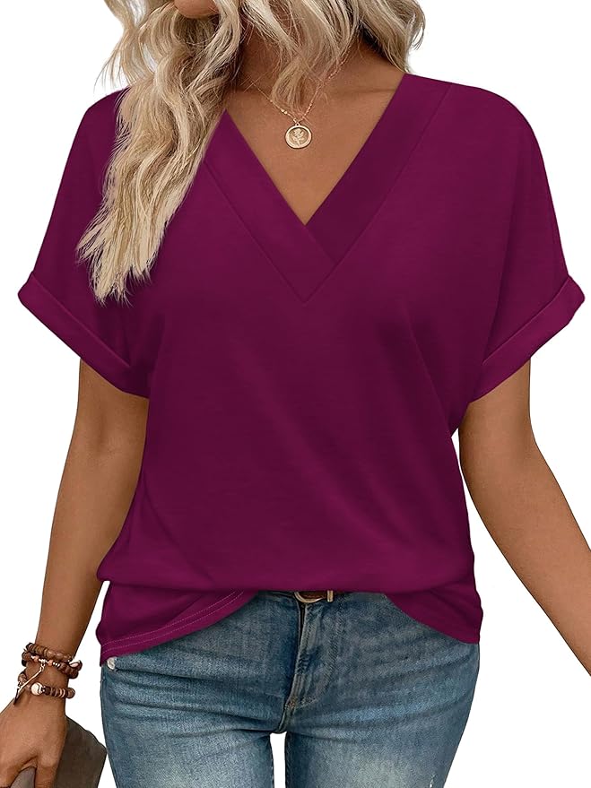 ✨Womens Summer V Neck Short Sleeve Solid Color Basic T Shirt(Buy 3 Free Shipping)