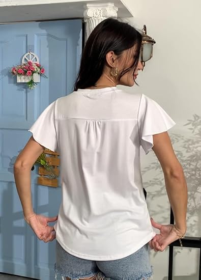 Women's V Neck Ruffle Sleeve Tunic Short Sleeve Blouse Flutter Sleeve Tops