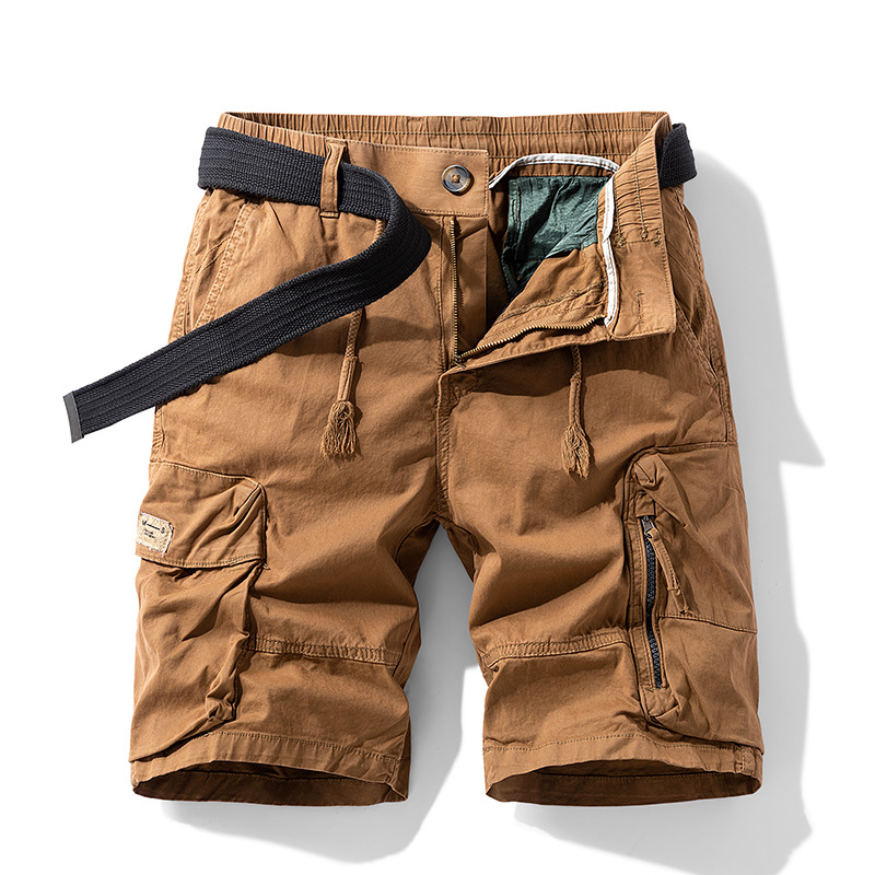 Men's cargo shorts, drawstring and multiple zipper pockets, pure cotton, summer elastic waist, casual and comfortable sports shorts