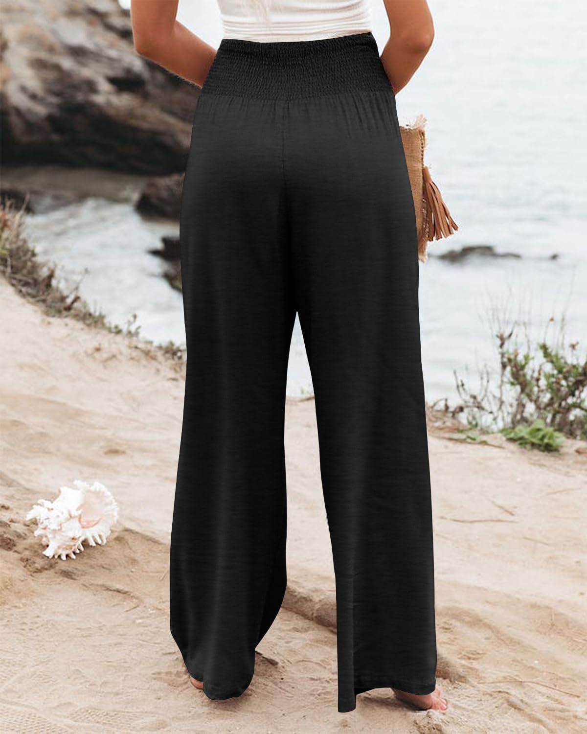 Angerella Womens Elastic High Waisted Palazzo Pants Casual Wide Leg Long Lounge Pant Trousers with Pocket