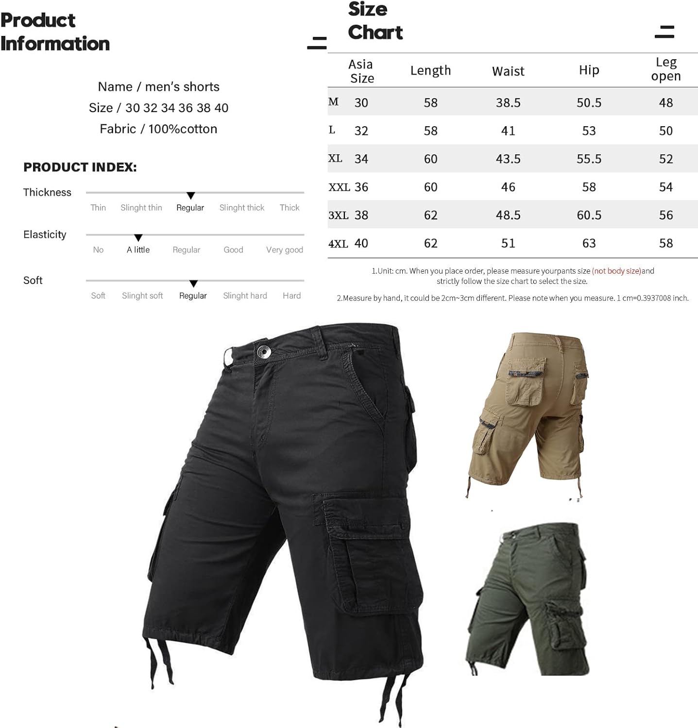 Tecnovo Mens Cargo Combat Shorts Drawstring Pockets Cotton Plain Summer Elasticated Waist Pants Casual Comfortable Workout Shorts