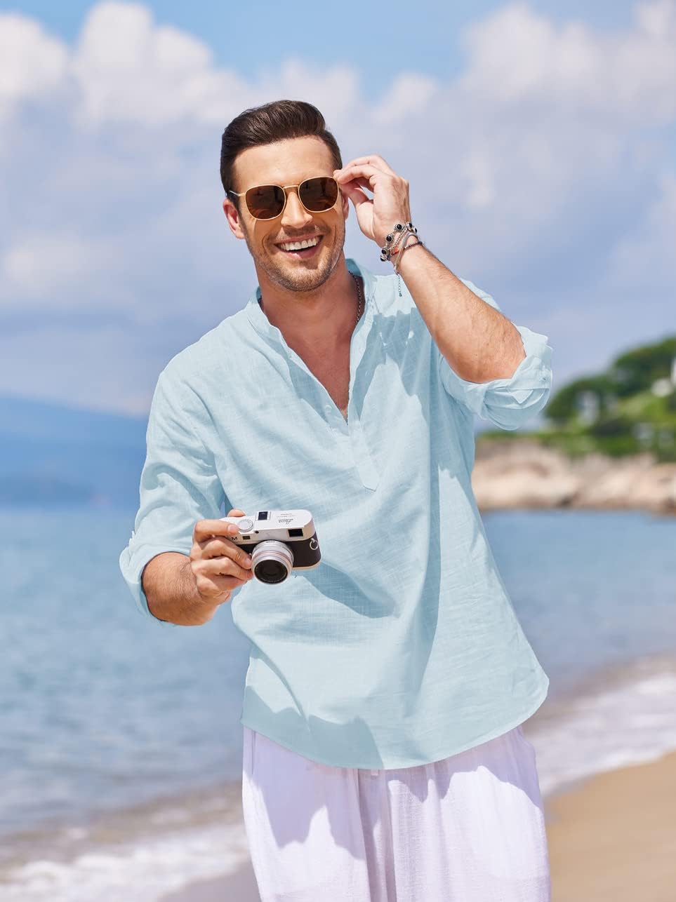 COOFANDY Men's Cotton Linen Henley T-Shirts Long Sleeve Hippie Casual Beach T-Shirts