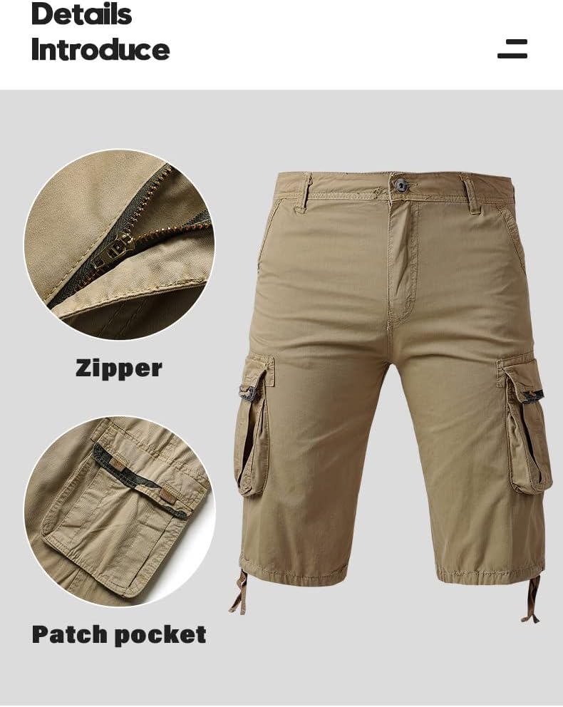 Tecnovo Mens Cargo Combat Shorts Drawstring Pockets Cotton Plain Summer Elasticated Waist Pants Casual Comfortable Workout Shorts