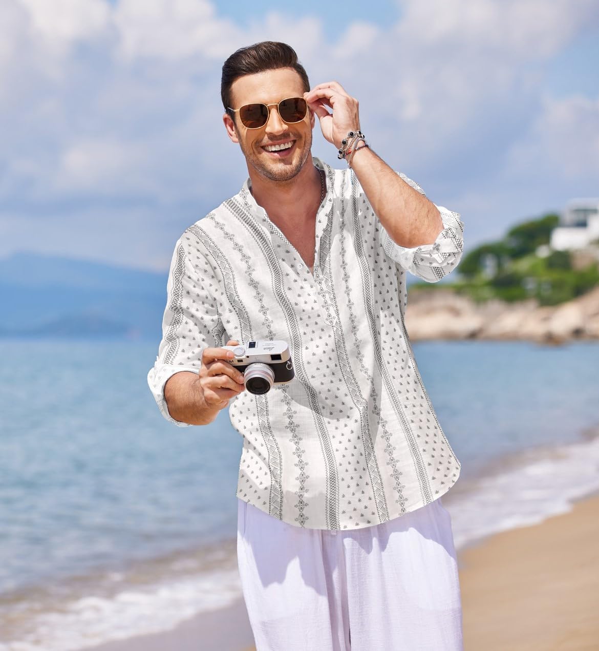 COOFANDY Men's Cotton Linen Henley T-Shirts Long Sleeve Hippie Casual Beach T-Shirts