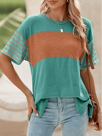 Womens Oversized Crewneck Casual Color Block Striped Shirts Blouses