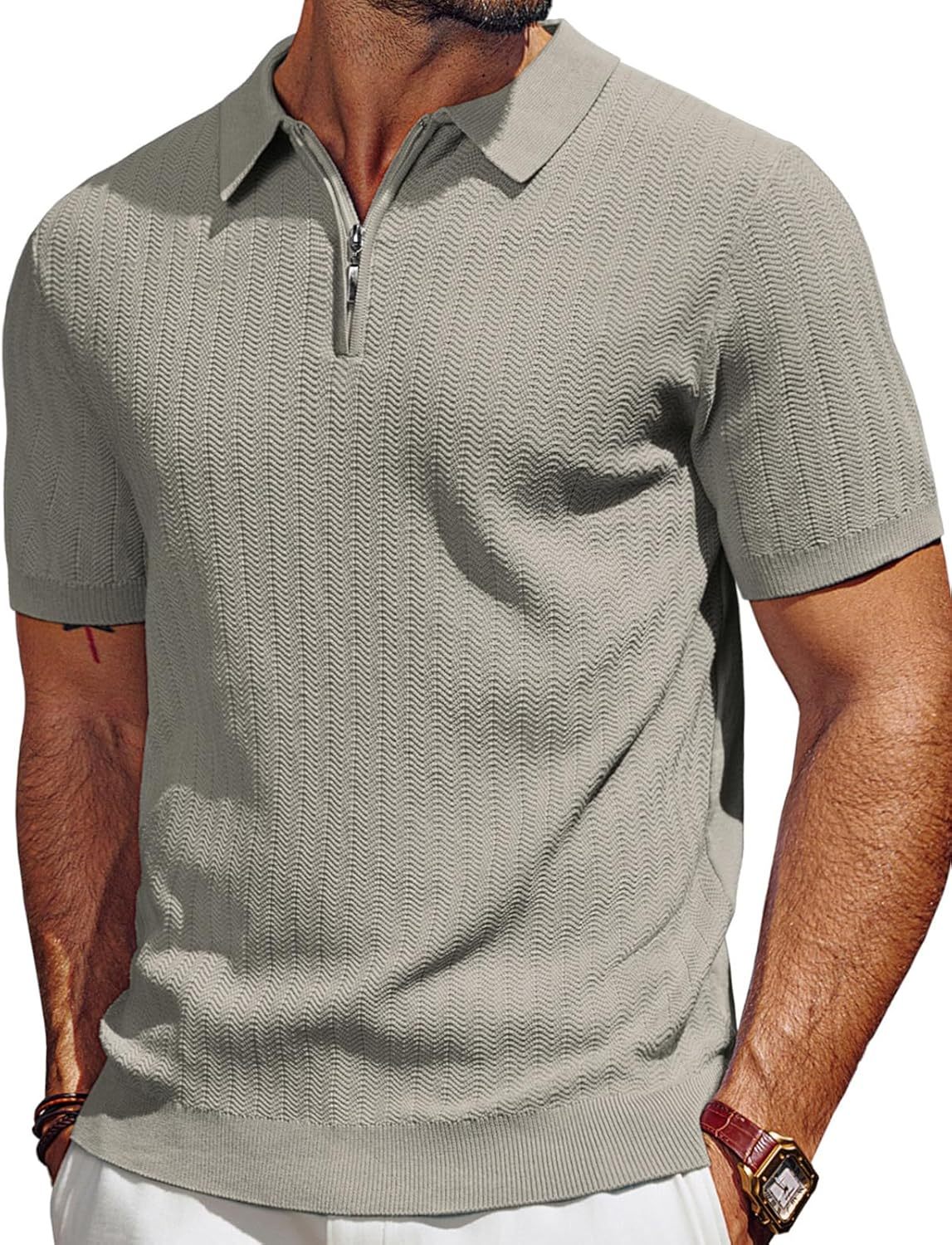 🎉Men's Polo Shirts Quarter Zip Textured Knit Shirts Summer Shirt