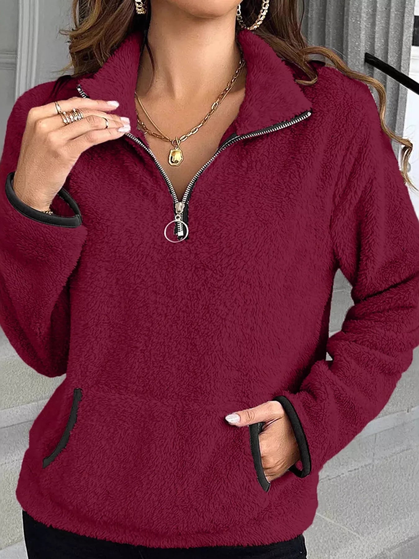 Plus Size Cozy Fleece Quarter Zip Sweatshirt with Pockets