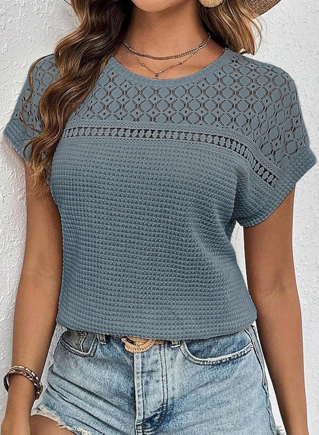 ✨Women's Casual Waffle Knit Hollow Out Short Sleeve Shirts(BUY 2 FREE SHIPPING)