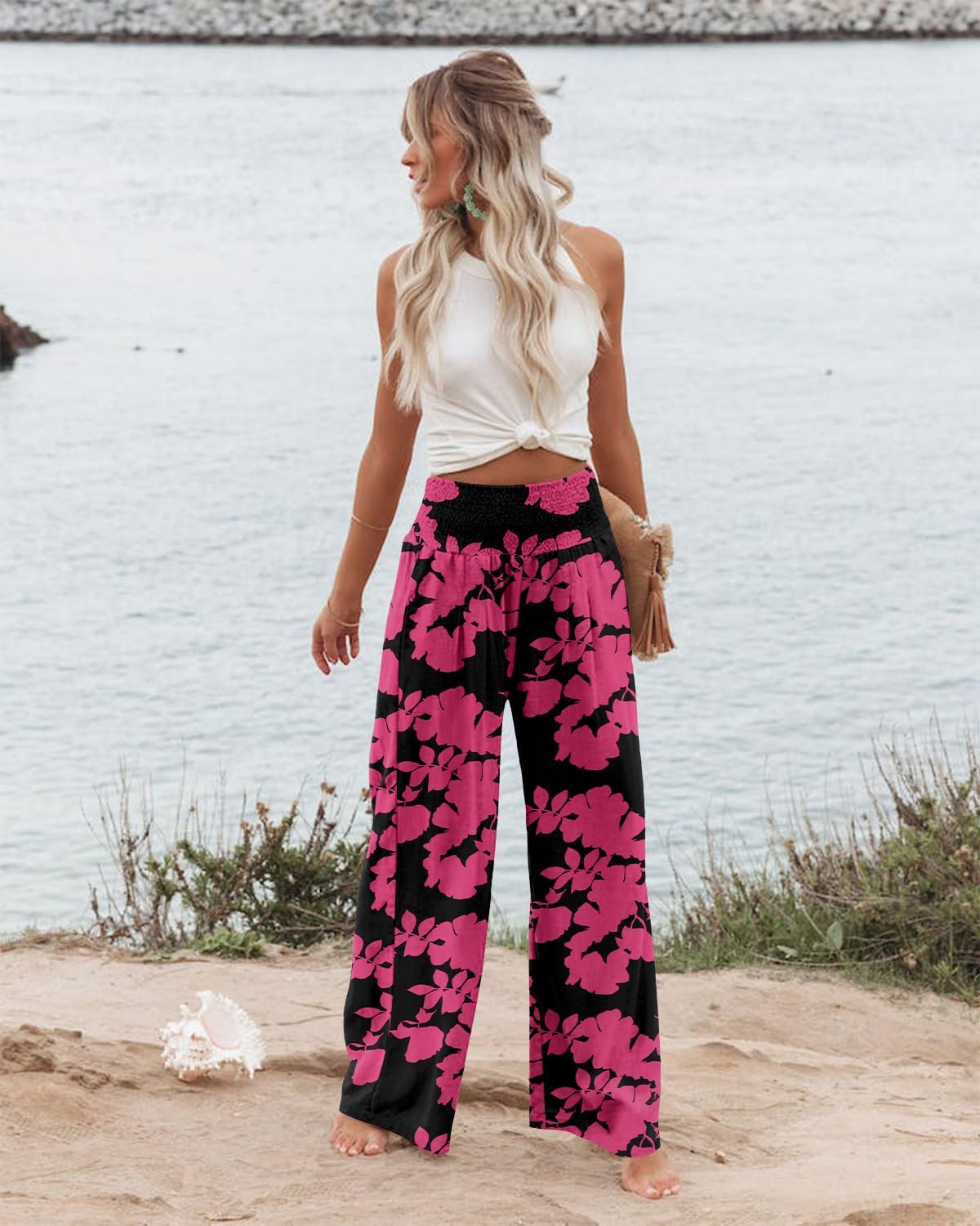 Angerella Womens Elastic High Waisted Palazzo Pants Casual Wide Leg Long Lounge Pant Trousers with Pocket