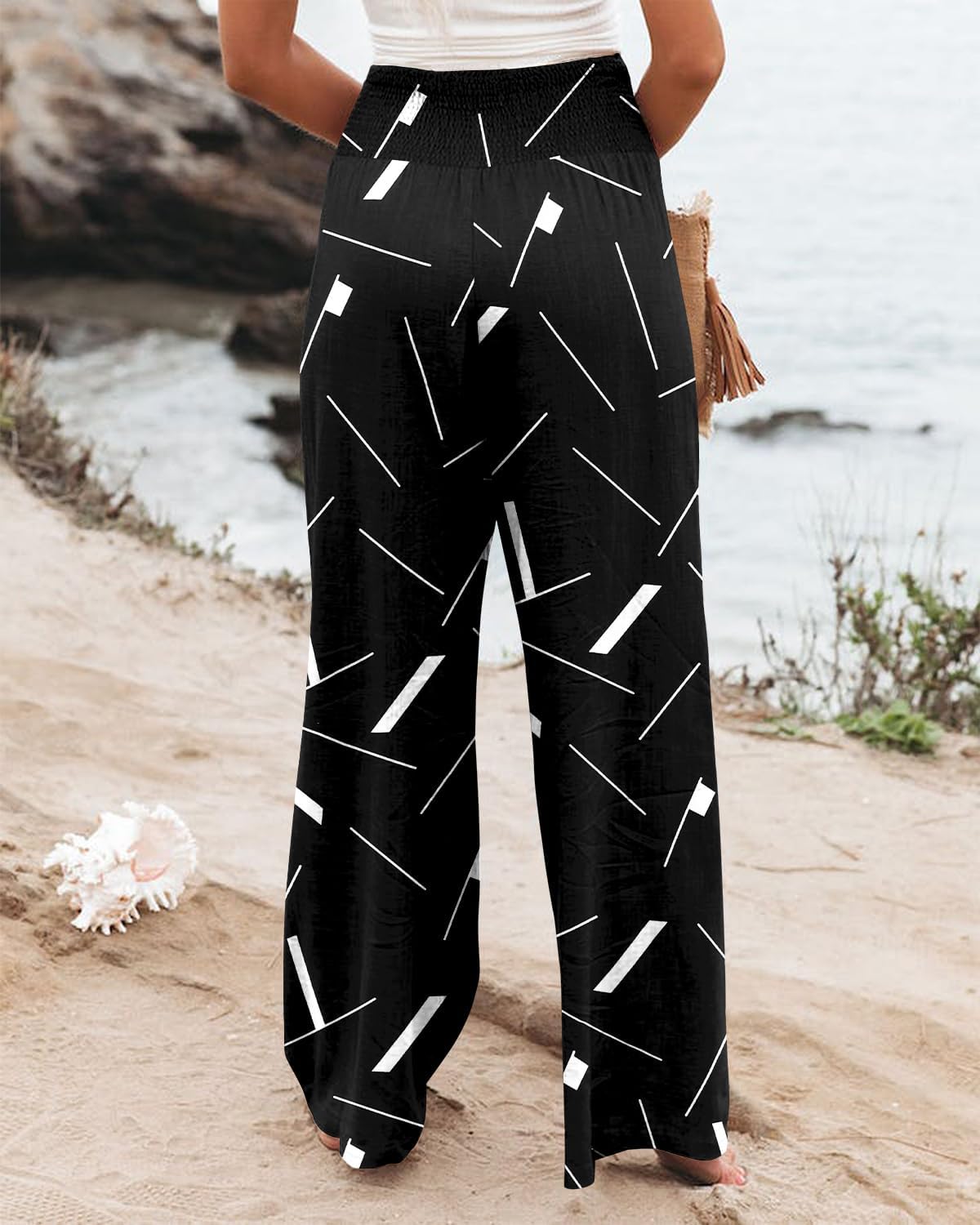 Angerella Womens Elastic High Waisted Palazzo Pants Casual Wide Leg Long Lounge Pant Trousers with Pocket