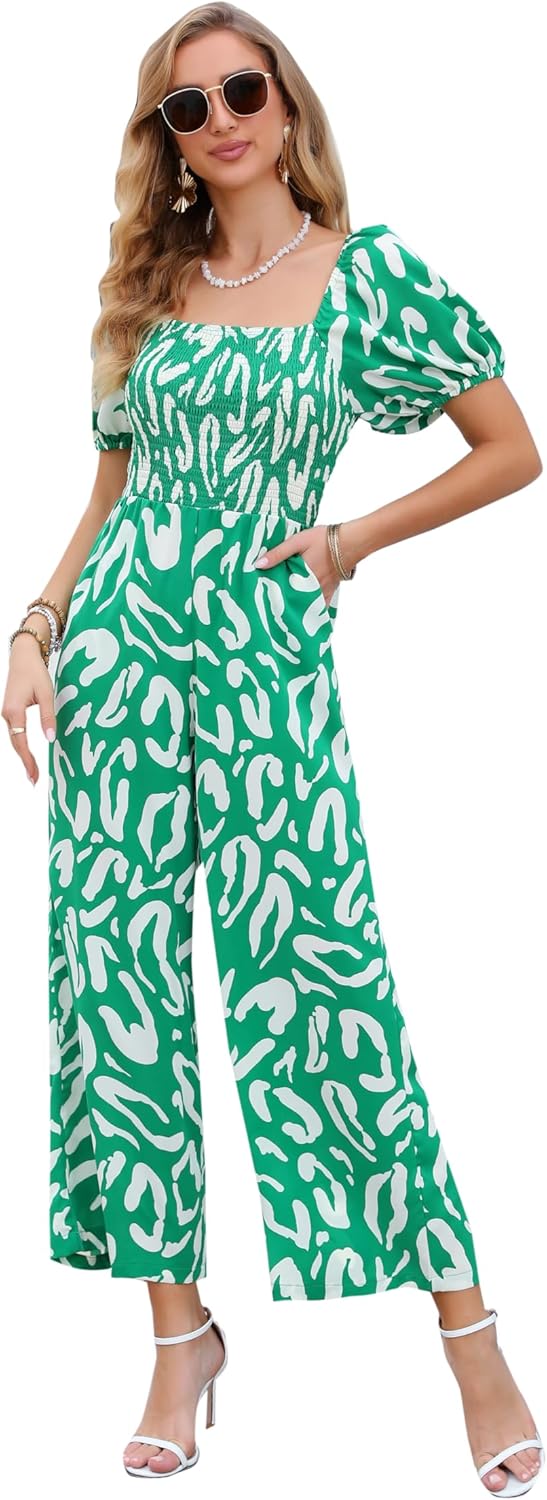 Love Welove Fashion Summer Jumpsuits for Women 2025 Floral Dressy Casual Loose Wide Leg Short Sleeve One Piece Romper Outfits