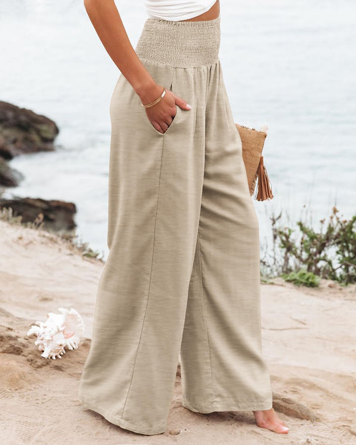 Angerella Womens Elastic High Waisted Palazzo Pants Casual Wide Leg Long Lounge Pant Trousers with Pocket