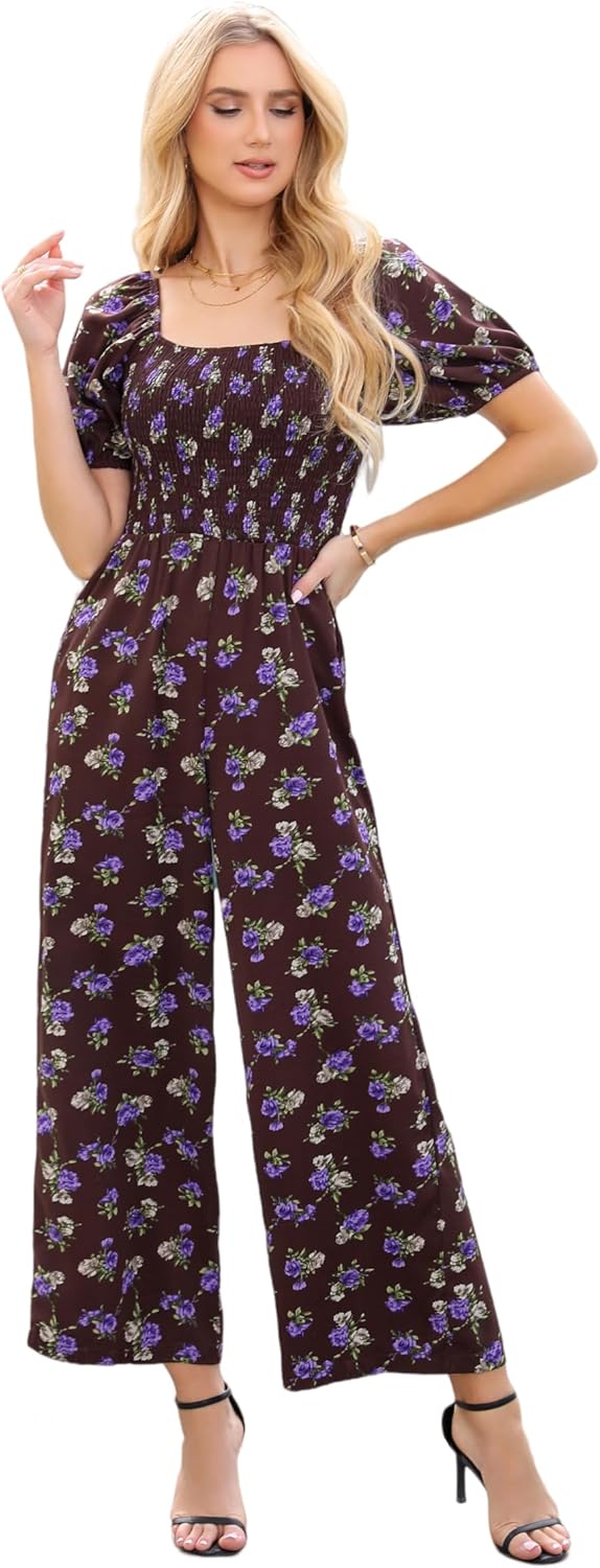 Love Welove Fashion Summer Jumpsuits for Women 2025 Floral Dressy Casual Loose Wide Leg Short Sleeve One Piece Romper Outfits