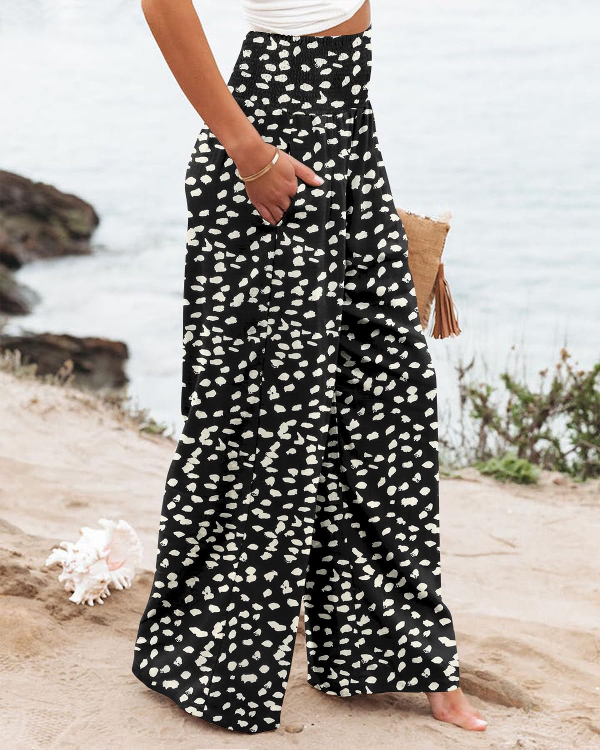 Angerella Womens Elastic High Waisted Palazzo Pants Casual Wide Leg Long Lounge Pant Trousers with Pocket