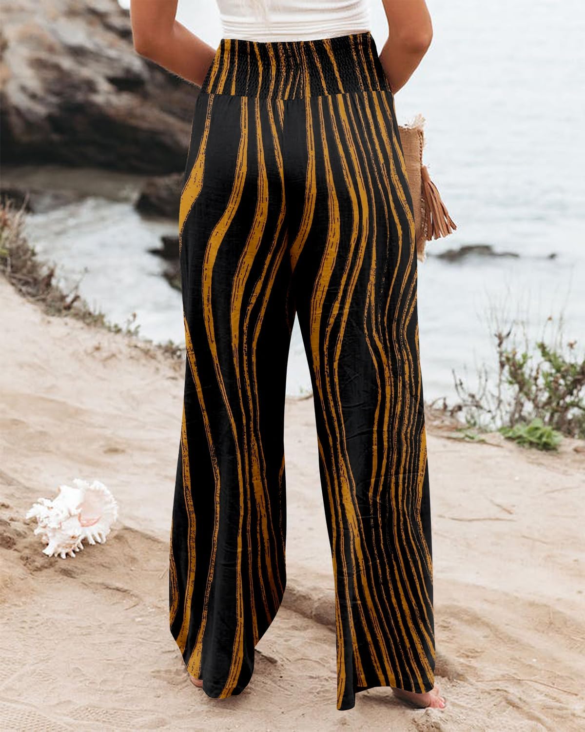 Angerella Womens Elastic High Waisted Palazzo Pants Casual Wide Leg Long Lounge Pant Trousers with Pocket