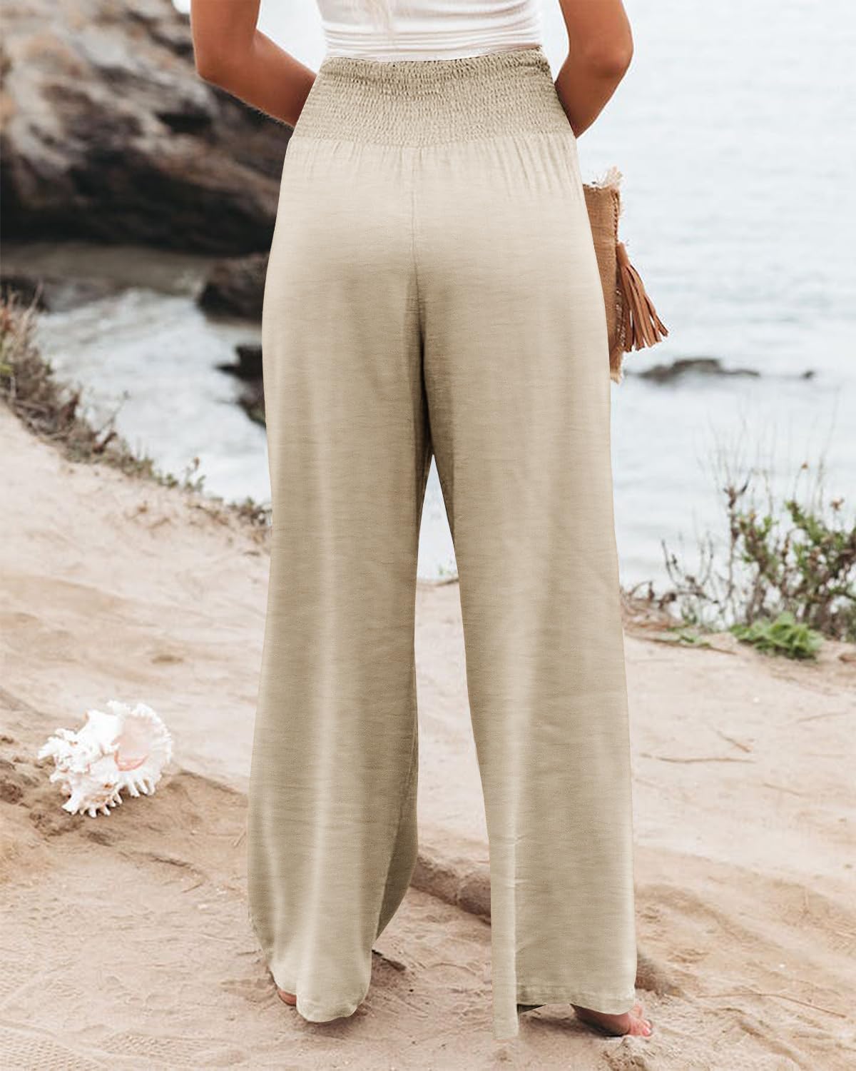 Angerella Womens Elastic High Waisted Palazzo Pants Casual Wide Leg Long Lounge Pant Trousers with Pocket