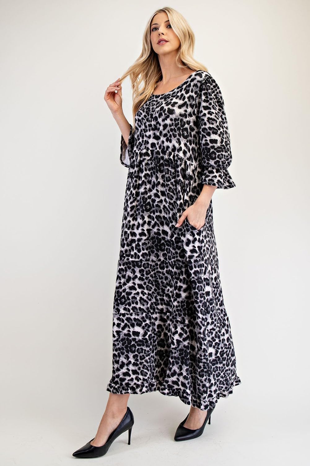 Leopard Round Neck Flounce Sleeve Dress, Grey Leopard